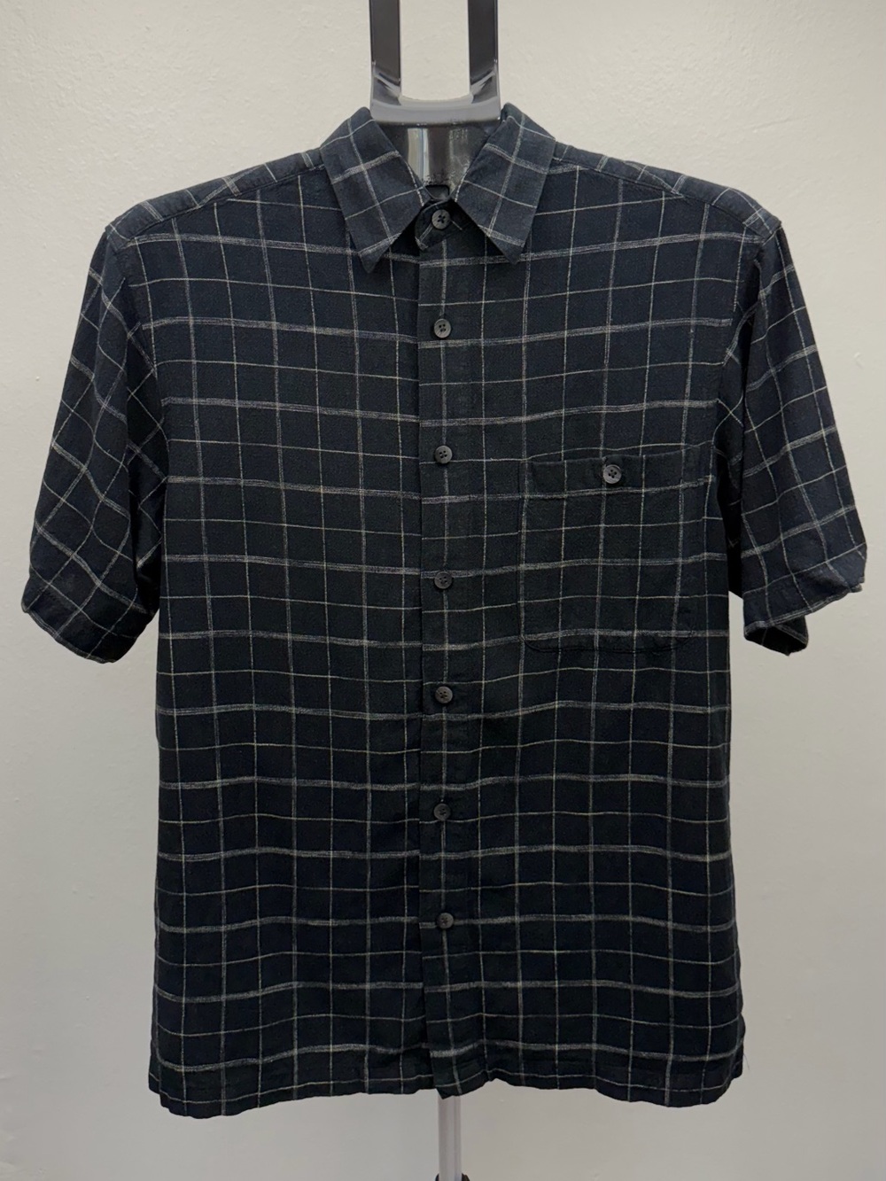 Chereskin Linen Rayon Plaid Button Up Shirt Gray Black Short Sleeve Size S